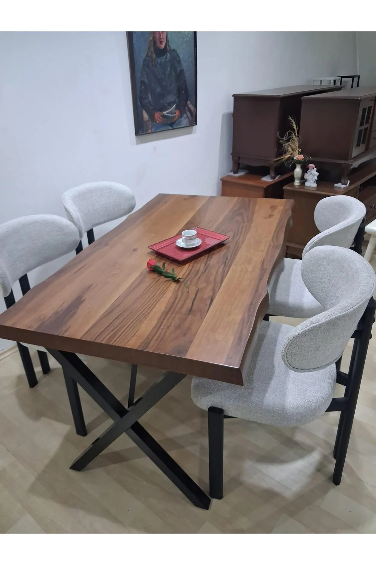 Masa Kütük 90601 V Ayak Sabit Ahşap Boyalı 4 Adet Sandalye Metal Ayak Masa Kütük 90601 V Ayak Sabit Ahşap Boyalı 4 Adet Sandalye Metal Ayak