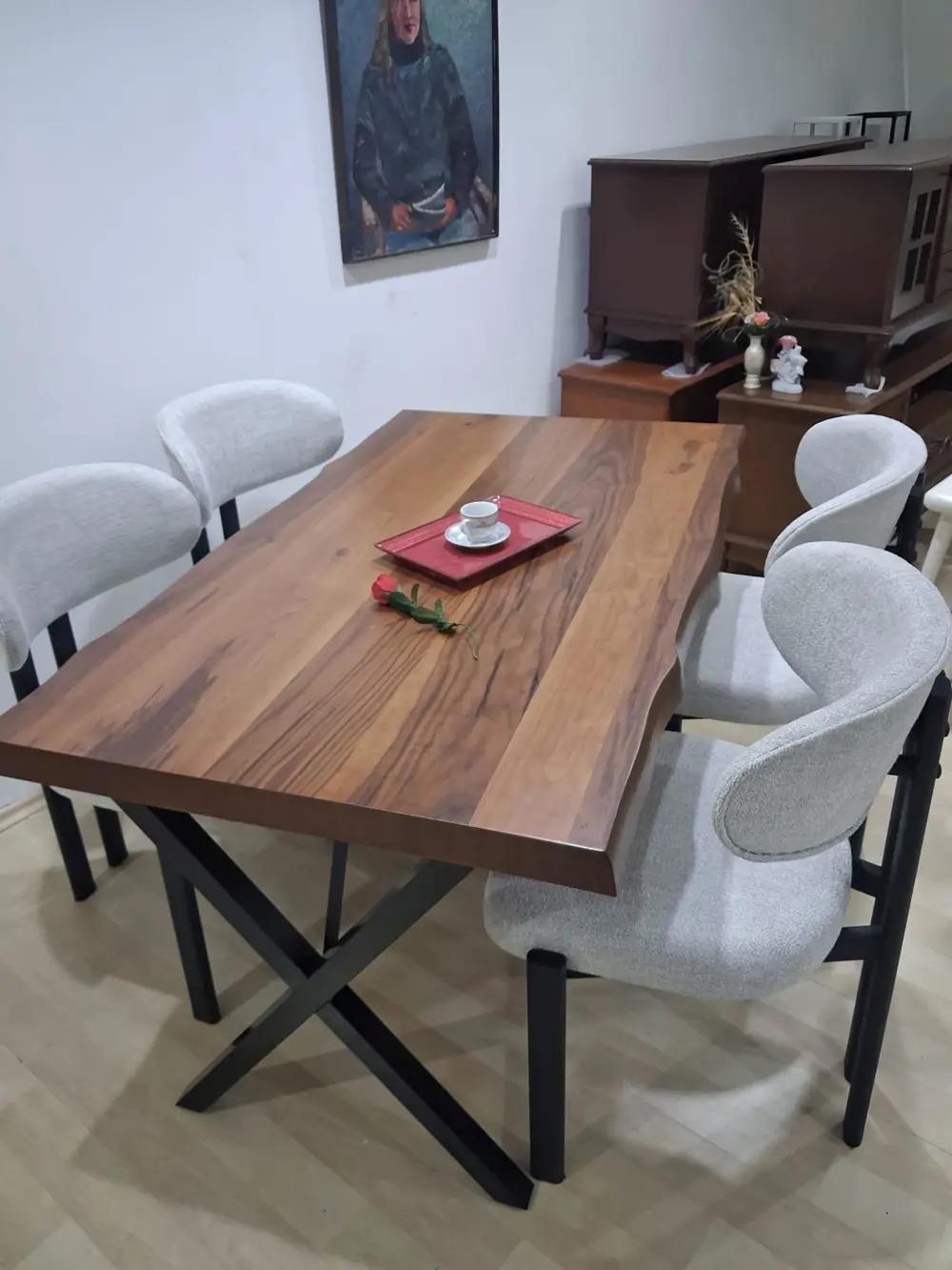 Masa Kütük 90601 V Ayak Sabit Ahşap Boyalı 4 Adet Sandalye Metal 