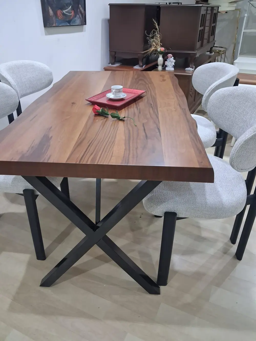 Masa Kütük 90601 V Ayak Sabit Ahşap Boyalı 4 Adet Sandalye Metal 