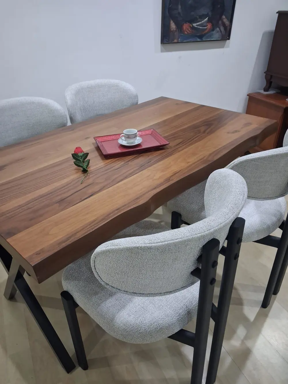 Masa Kütük 90601 V Ayak Sabit Ahşap Boyalı 4 Adet Sandalye Metal 