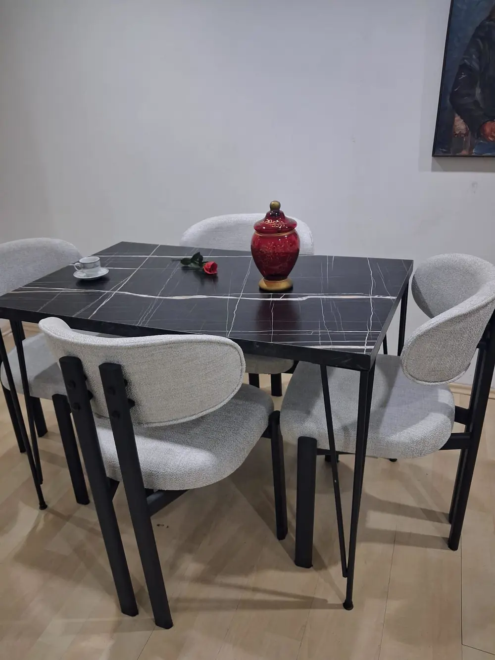 Masa Metal Ayak 90602 Sabit Siyah Mermer Desen 4 Adet Sandalye Me