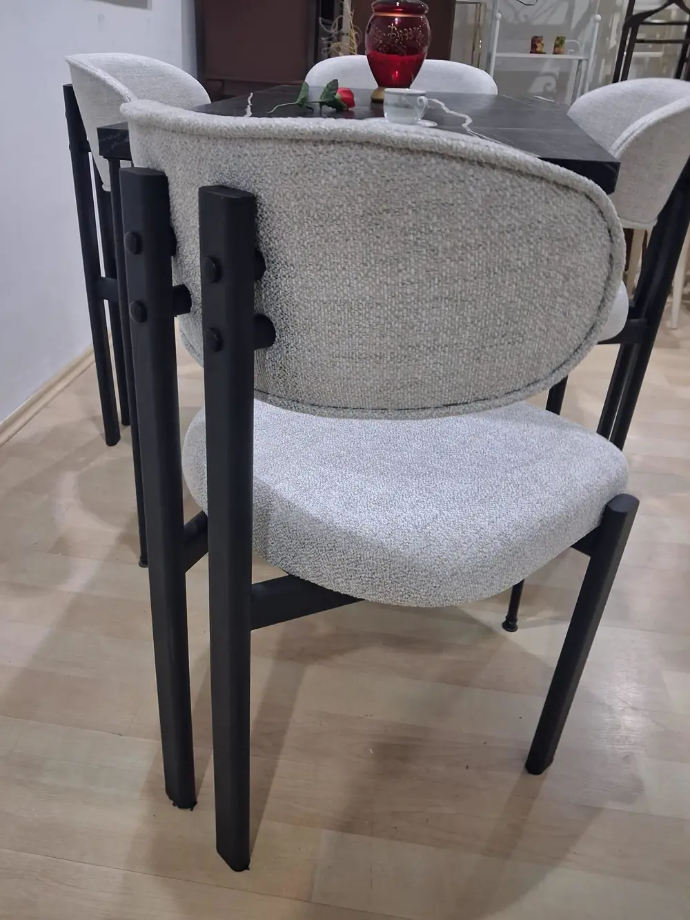 Masa Metal Ayak 90602 Sabit Siyah Mermer Desen 4 Adet Sandalye Me