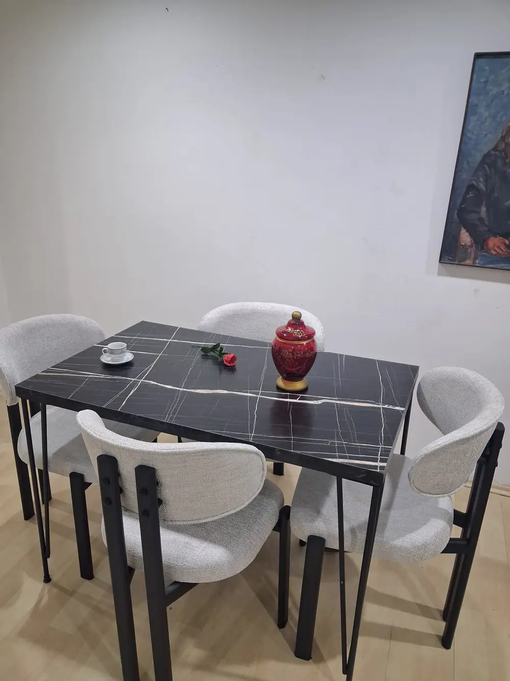 Masa Metal Ayak 90602 Sabit Siyah Mermer Desen 4 Adet Sandalye Me