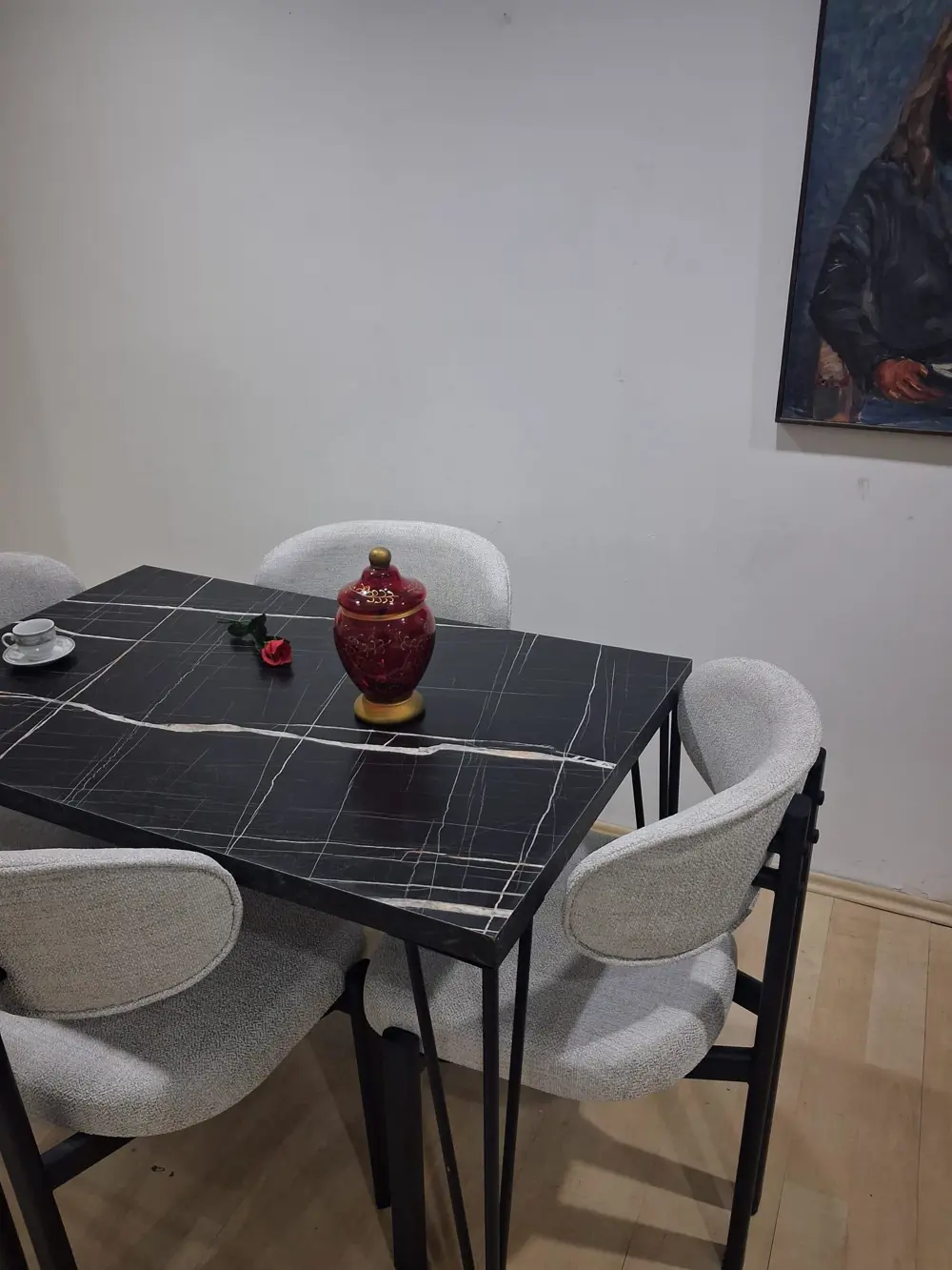 Masa Metal Ayak 90602 Sabit Siyah Mermer Desen 4 Adet Sandalye Me