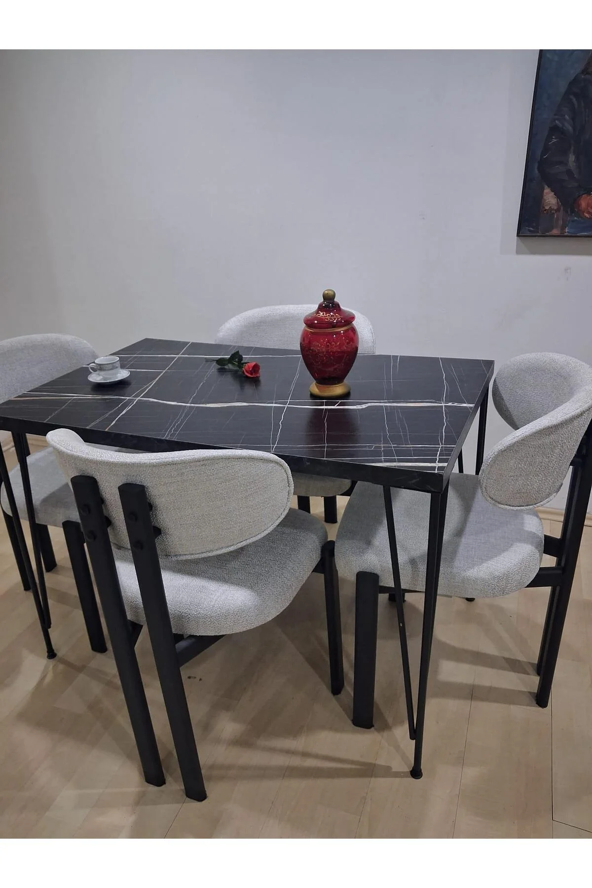 Masa Metal Ayak 90602 Sabit Siyah Mermer Desen 4 Adet Sandalye Metal Ayak - Görsel 2