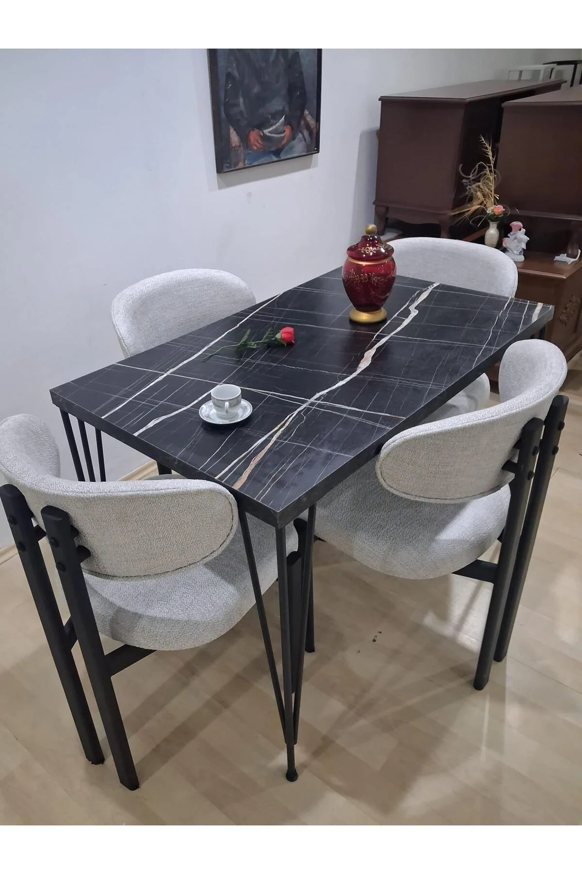 Masa Metal Ayak 90602 Sabit Siyah Mermer Desen 4 Adet Sandalye Metal Ayak - Görsel 8