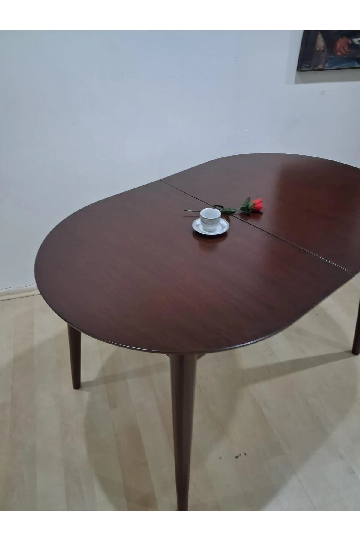 Masa Oval 90641 Retro Ayak Model Kayın Retro Açılır Parlak Ceviz Tabla El Yapım - Görsel 3