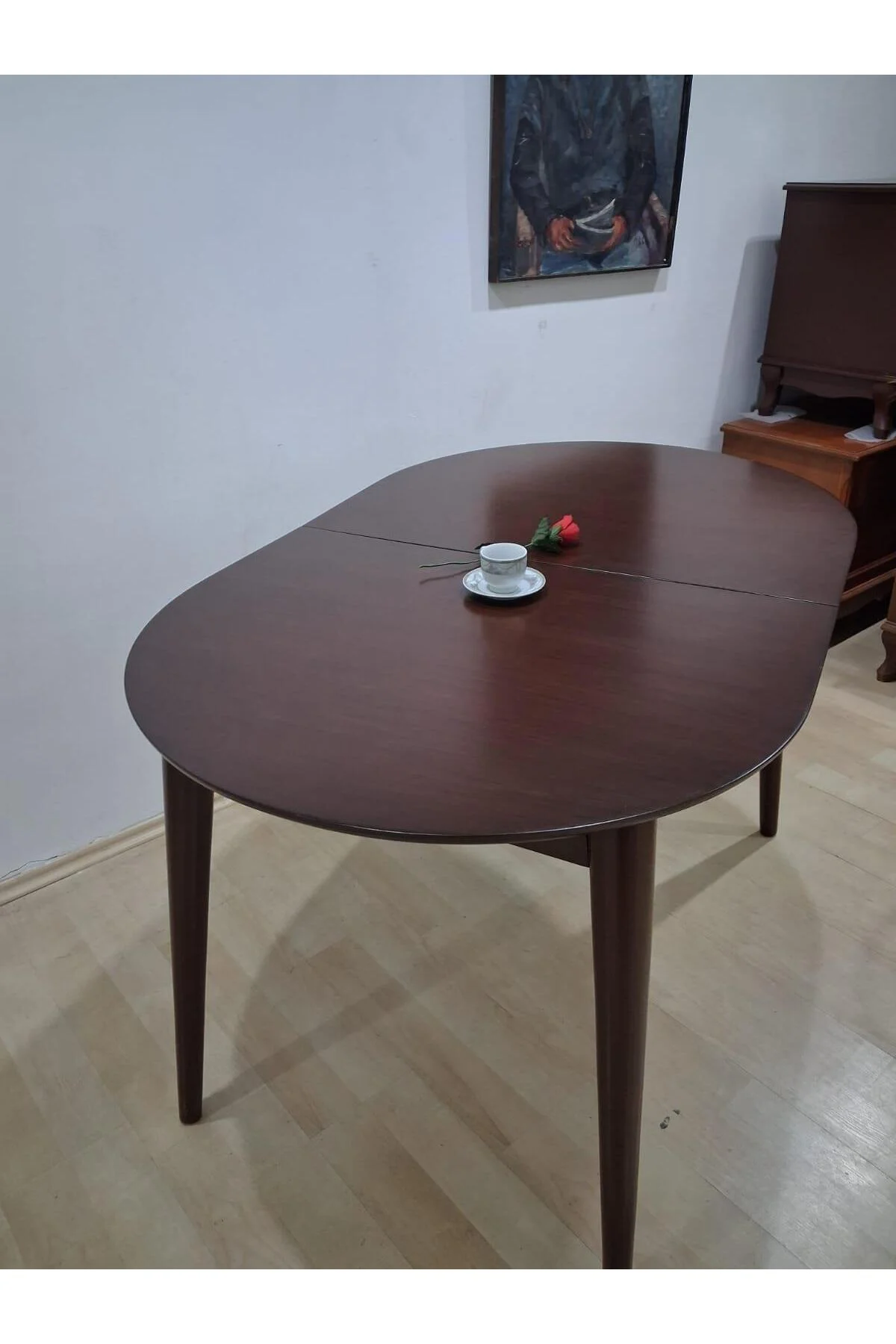 Masa Oval 90641 Retro Ayak Model Kayın Retro Açılır Parlak Ceviz Tabla El Yapım - Görsel 2