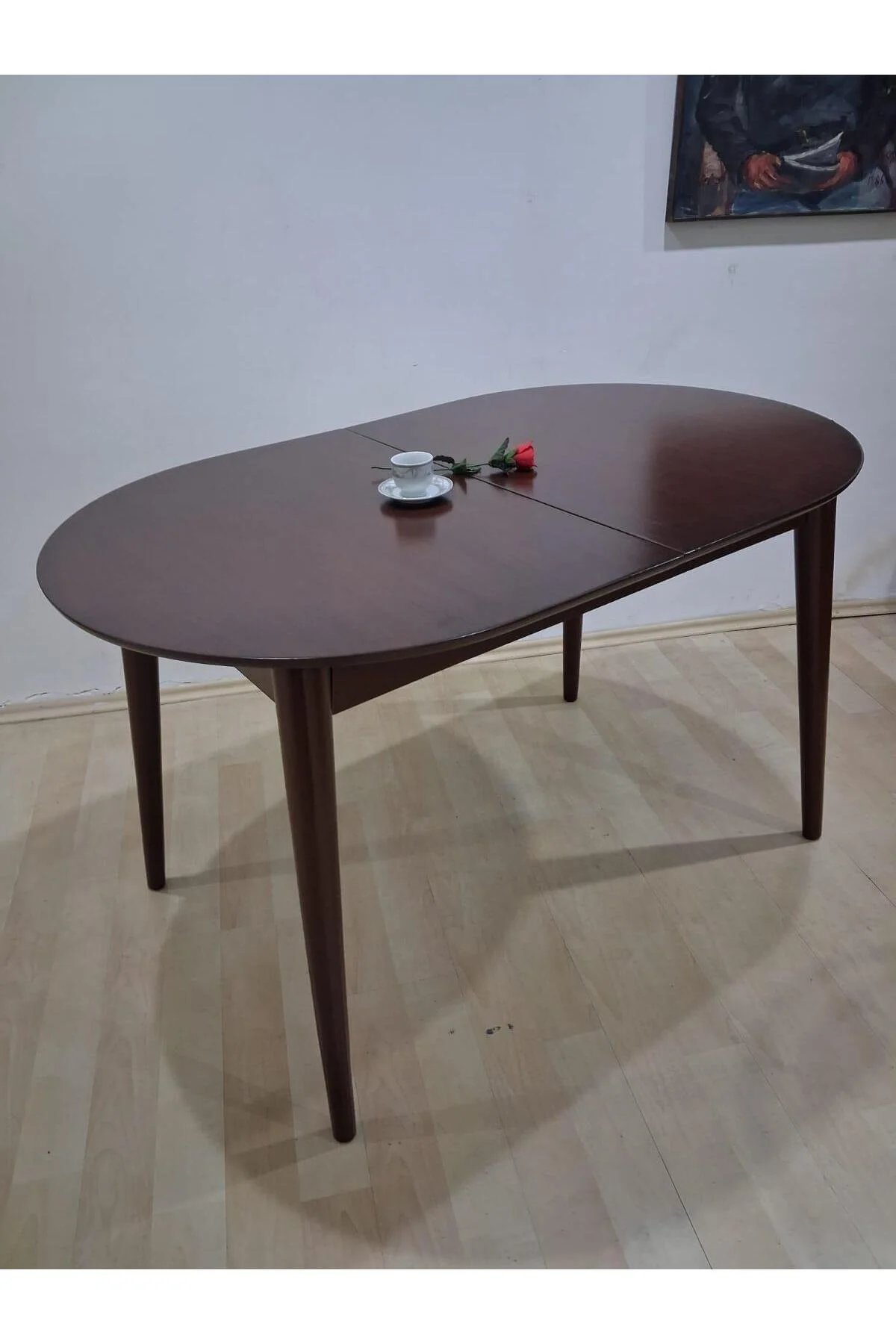 Masa Oval 90641 Retro Ayak Model Kayın Retro Açılır Parlak Ceviz Tabla El Yapım - Görsel 5