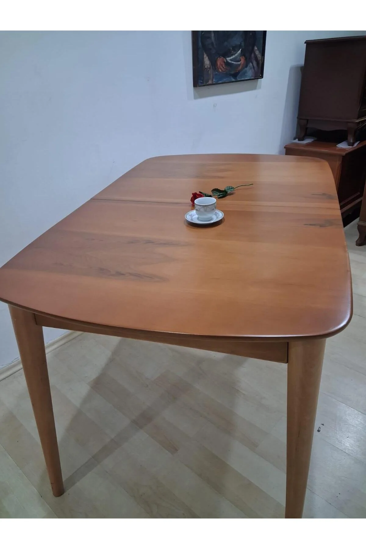 Masa Oval 90642 Retro Ayak Kayın Retro Açılır Parlak Açık Ceviz Tabla El Yapım - Görsel 4