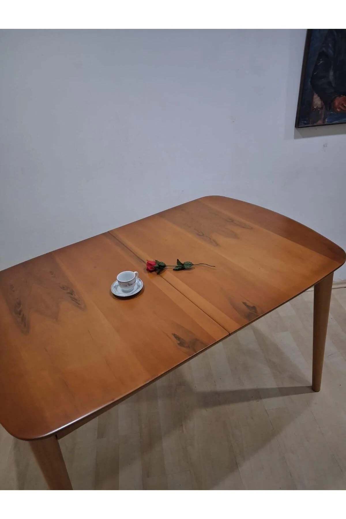 Masa Oval 90642 Retro Ayak Kayın Retro Açılır Parlak Açık Ceviz Tabla El Yapım - Görsel 3
