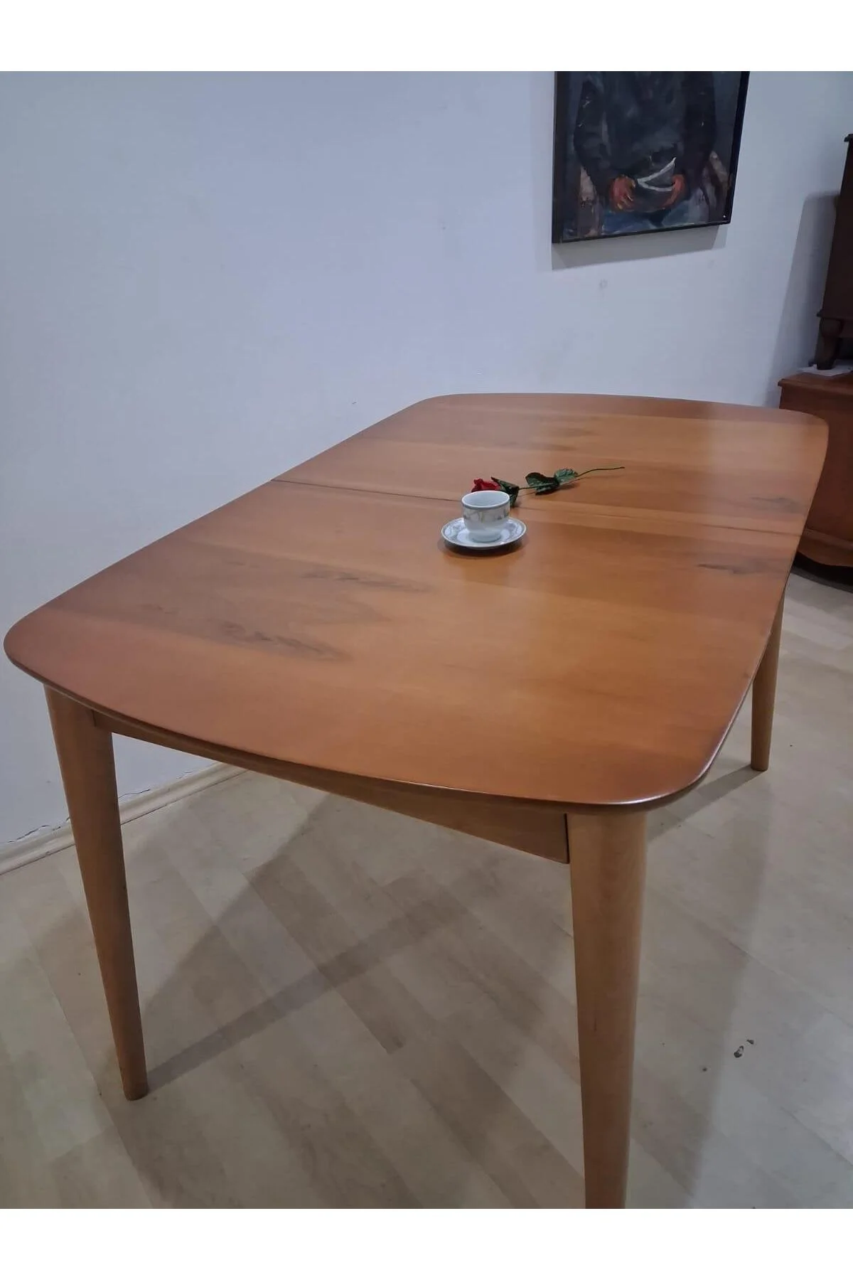 Masa Oval 90642 Retro Ayak Kayın Retro Açılır Parlak Açık Ceviz Tabla El Yapım - Görsel 2