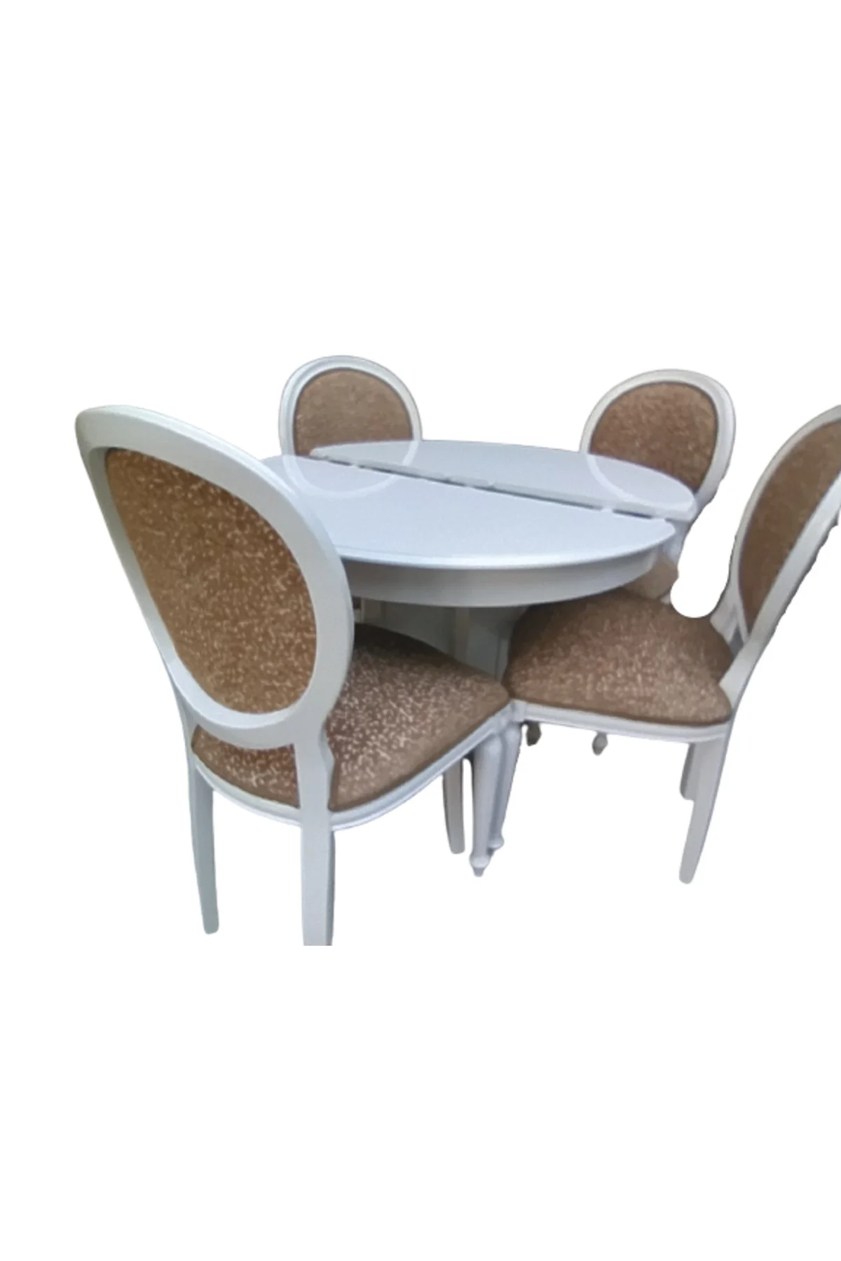 Masa-Sandalye 18572 Klasik Madalyon Model Kayın ayak Parlak beyaz Açıl MDF tabla - Görsel 3