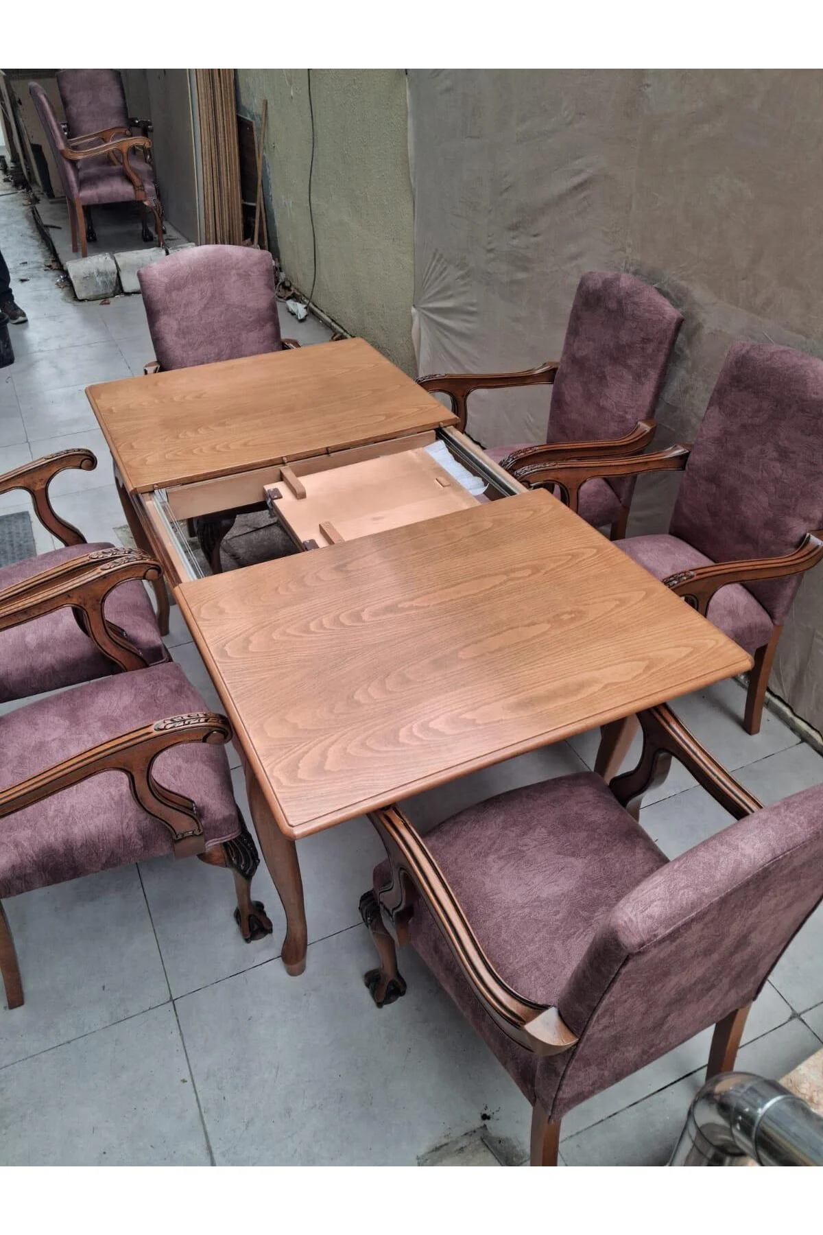 Masa Sandalye Berjer 90627 Bengi Klasik Model Kayın Aslan Ayak Açılır Masa 6 Adet Tk - Görsel 6