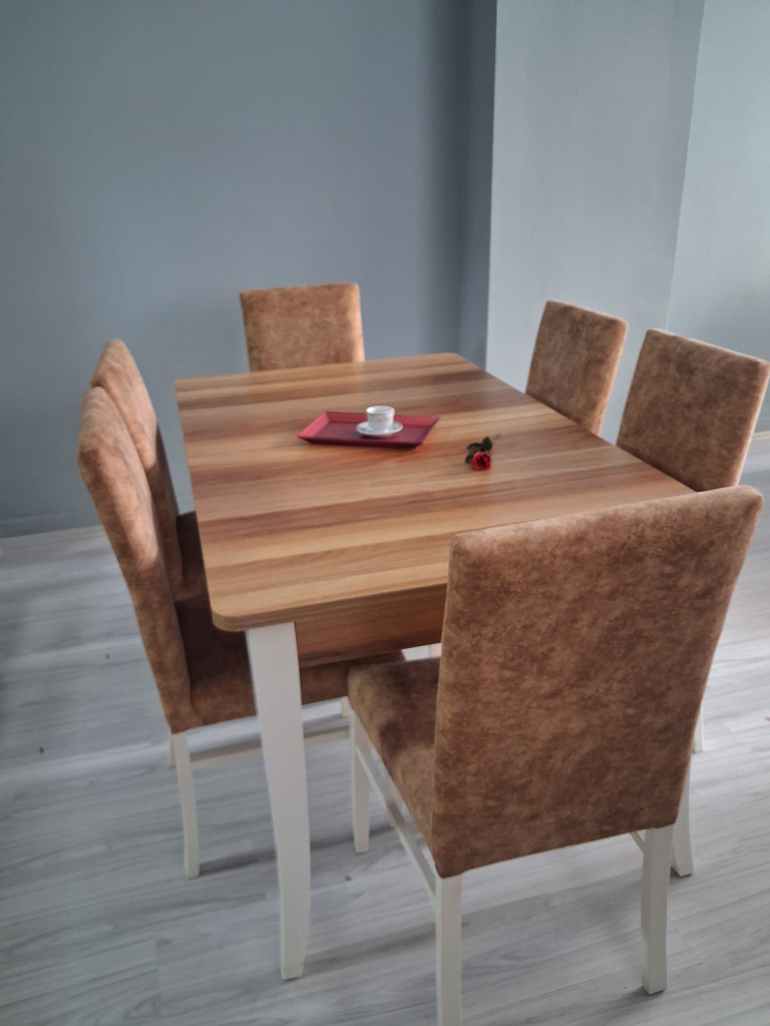 Masa Sandalye Mizan 90656 Ceviz Tabla Kırık Beyaz Ayak 6 Adet San Masa Sandalye Mizan 90656 Ceviz Tabla Kırık Beyaz Ayak 6 Adet San