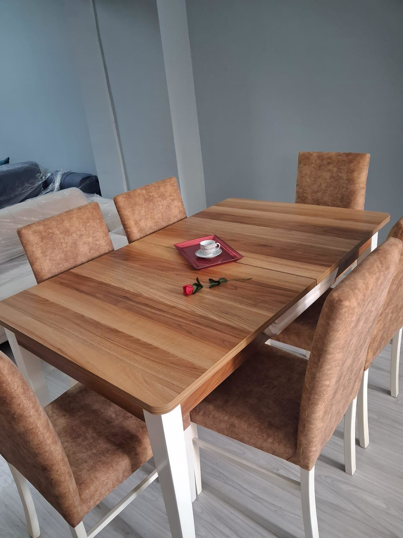 Masa Sandalye Mizan 90656 Ceviz Tabla Kırık Beyaz Ayak 6 Adet San Masa Sandalye Mizan 90656 Ceviz Tabla Kırık Beyaz Ayak 6 Adet San