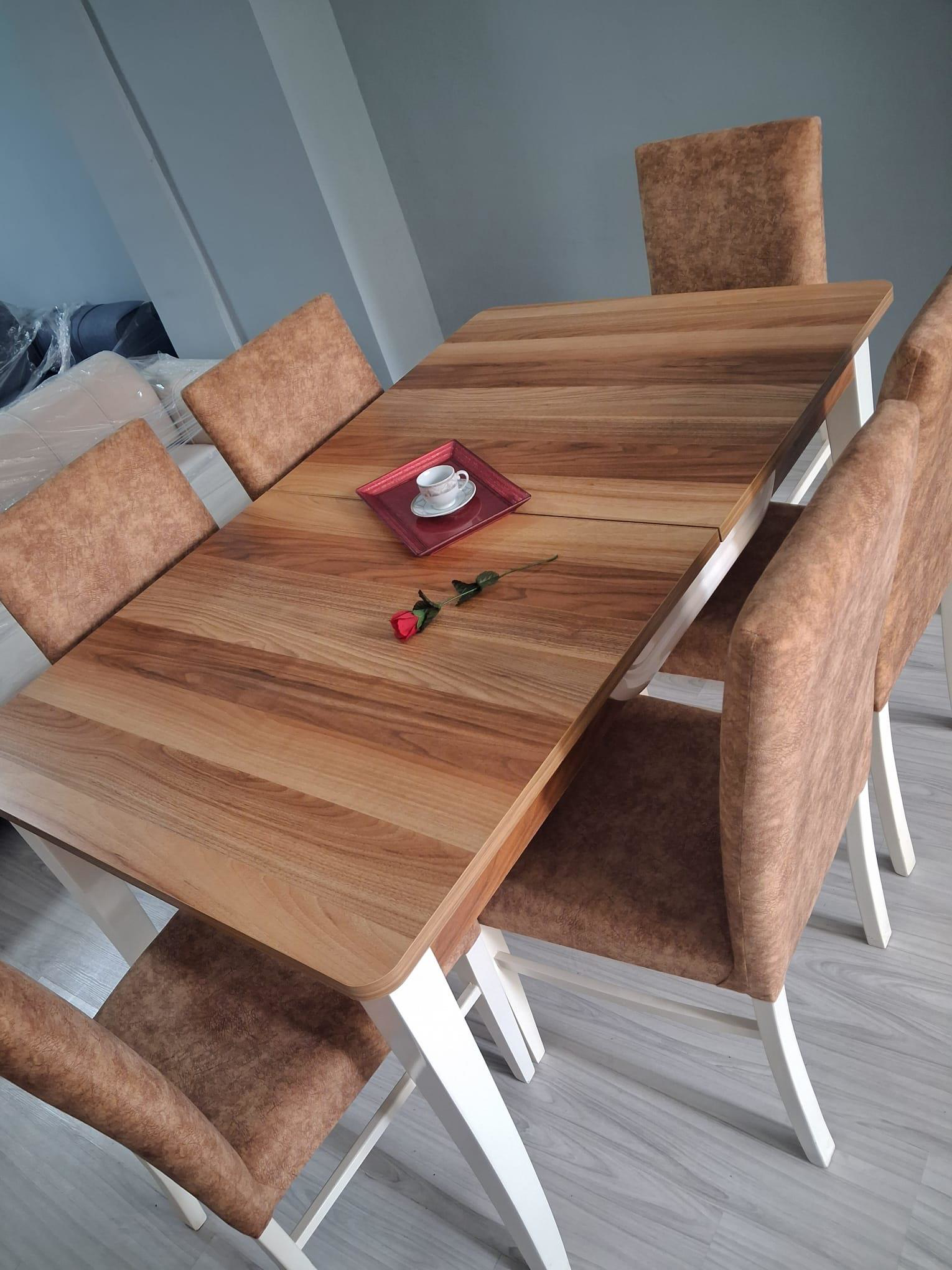 Masa Sandalye Mizan 90656 Ceviz Tabla Kırık Beyaz Ayak 6 Adet San Masa Sandalye Mizan 90656 Ceviz Tabla Kırık Beyaz Ayak 6 Adet San