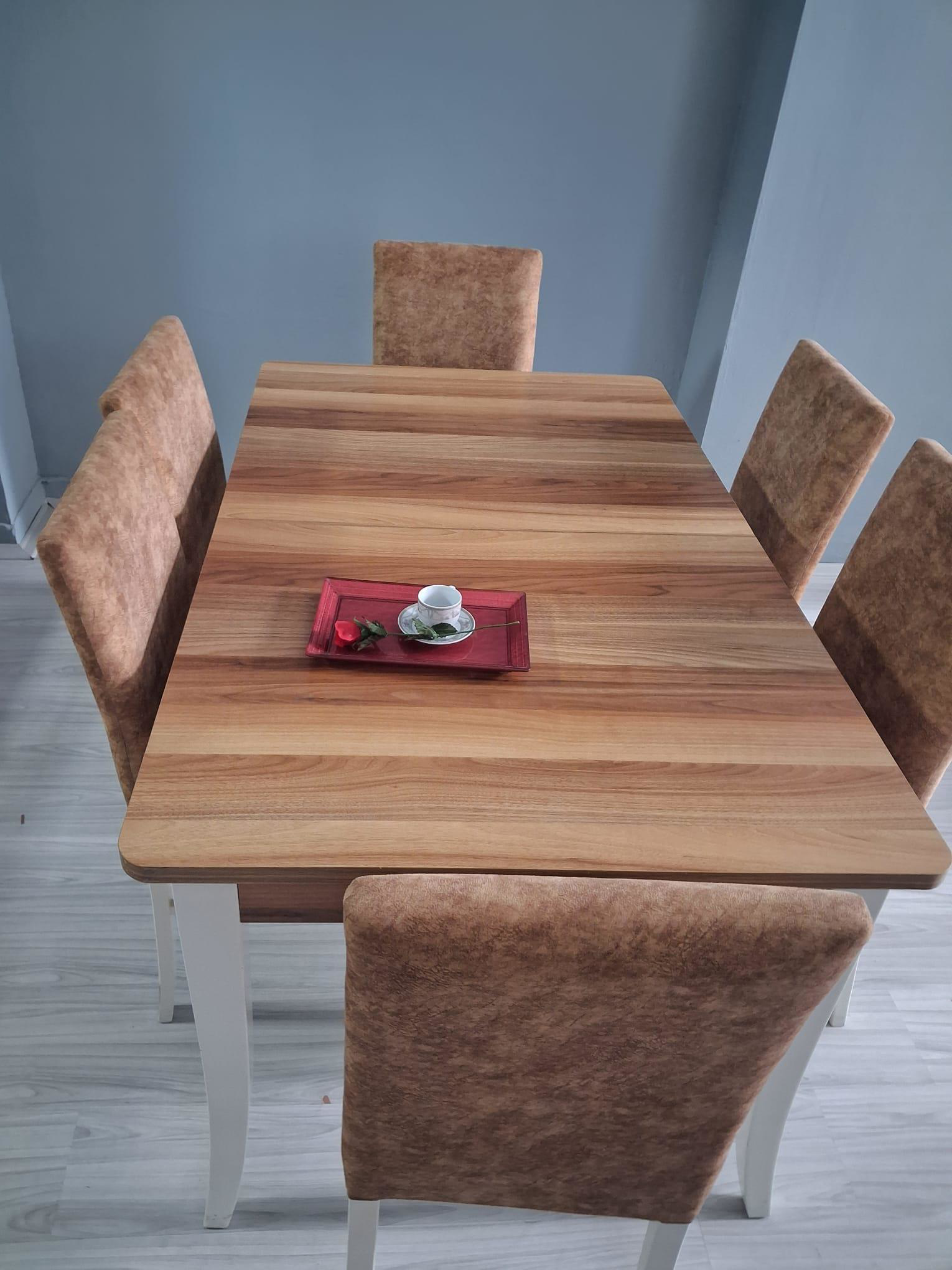 Masa Sandalye Mizan 90656 Ceviz Tabla Kırık Beyaz Ayak 6 Adet San Masa Sandalye Mizan 90656 Ceviz Tabla Kırık Beyaz Ayak 6 Adet San