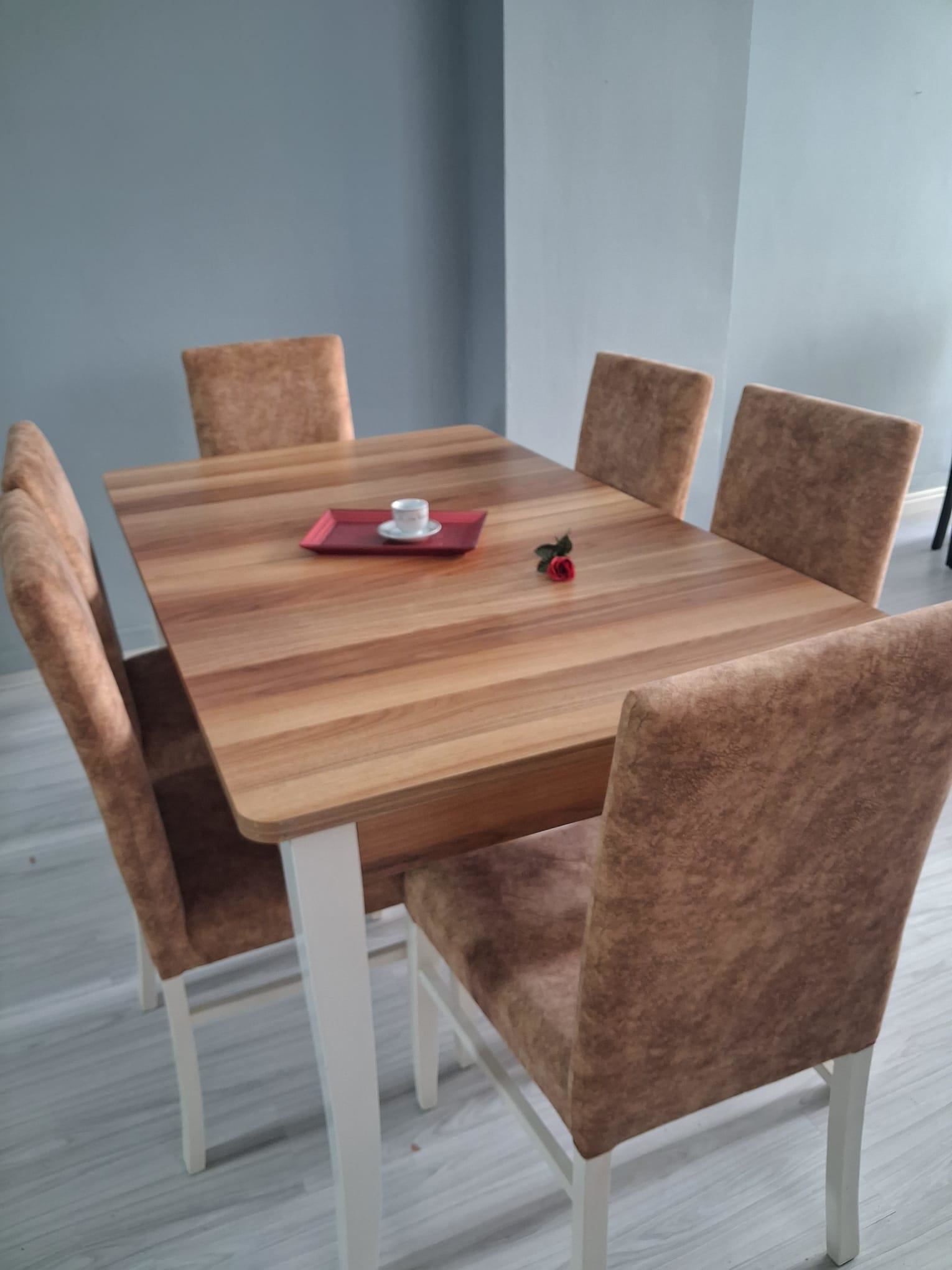 Masa Sandalye Mizan 90656 Ceviz Tabla Kırık Beyaz Ayak 6 Adet San Masa Sandalye Mizan 90656 Ceviz Tabla Kırık Beyaz Ayak 6 Adet San