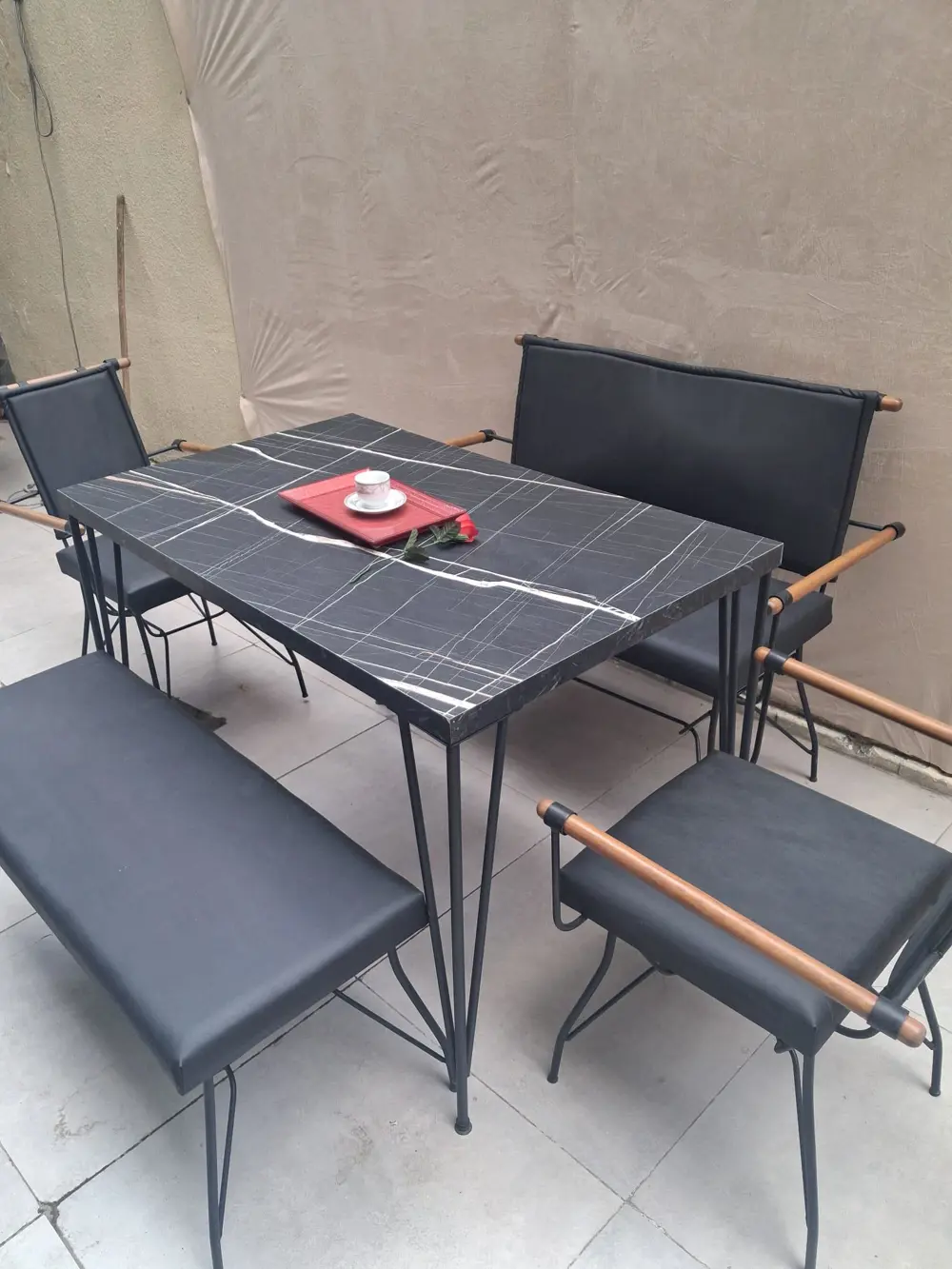 Masa Sandalye Tk 90605 PENYEZ  Takım Model Metal Siyah  Suni Deri