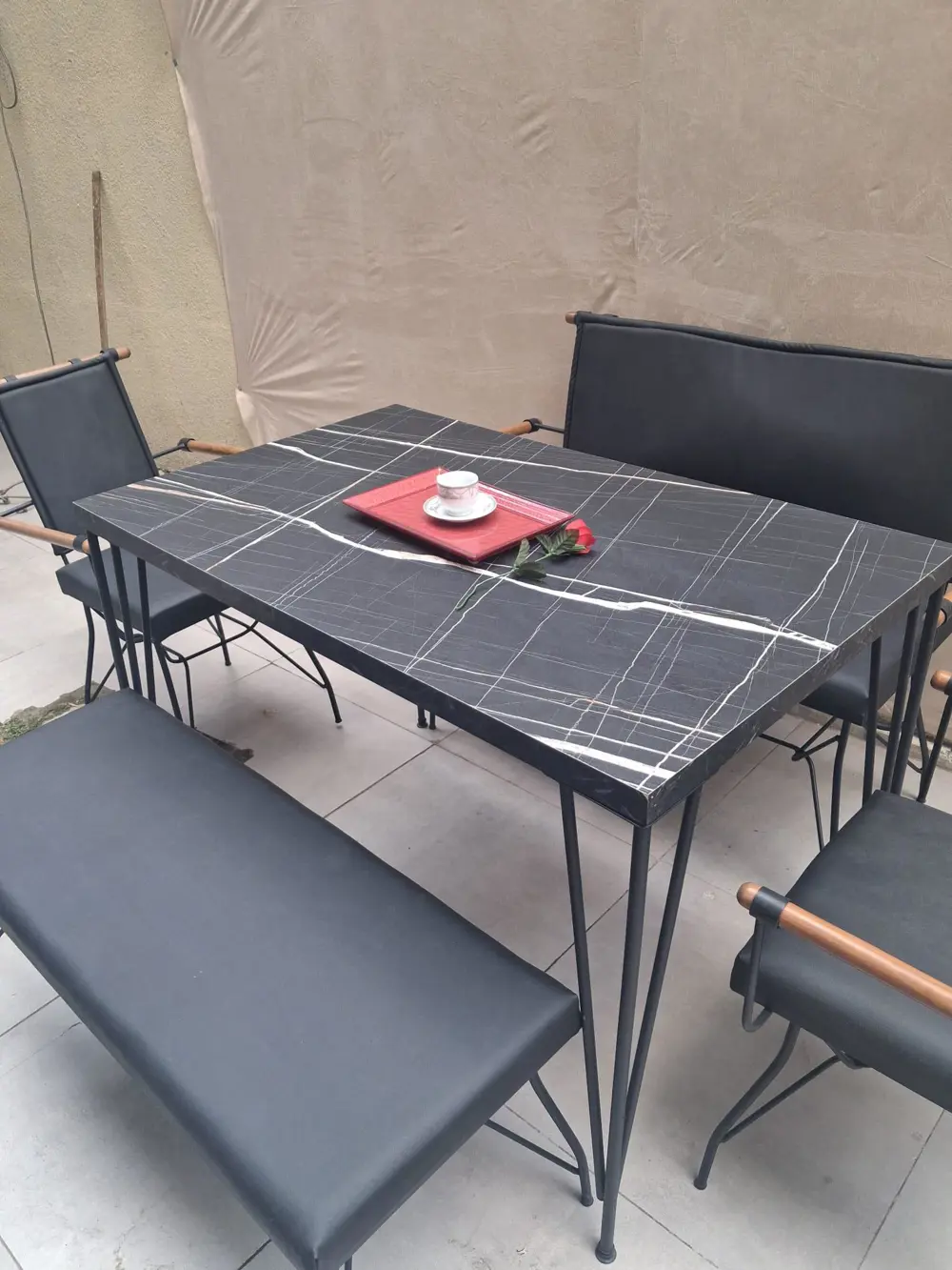 Masa Sandalye Tk 90605 PENYEZ  Takım Model Metal Siyah  Suni Deri