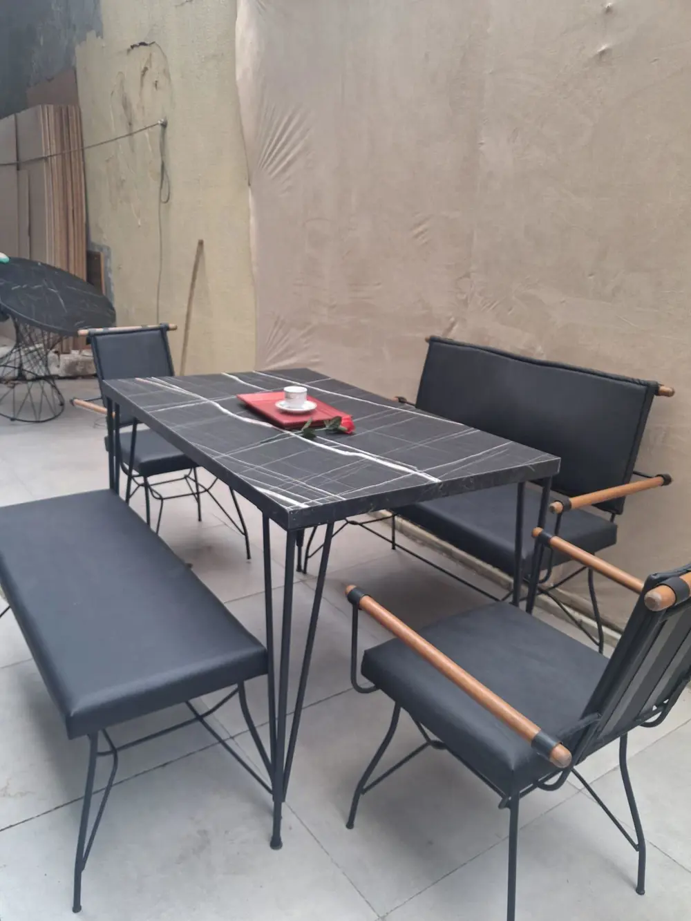 Masa Sandalye Tk 90605 PENYEZ  Takım Model Metal Siyah  Suni Deri