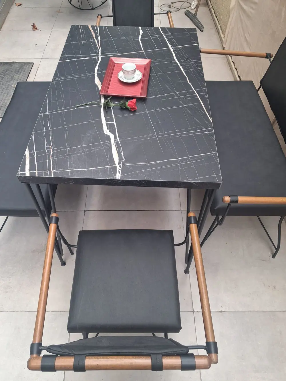 Masa Sandalye Tk 90605 PENYEZ  Takım Model Metal Siyah  Suni Deri