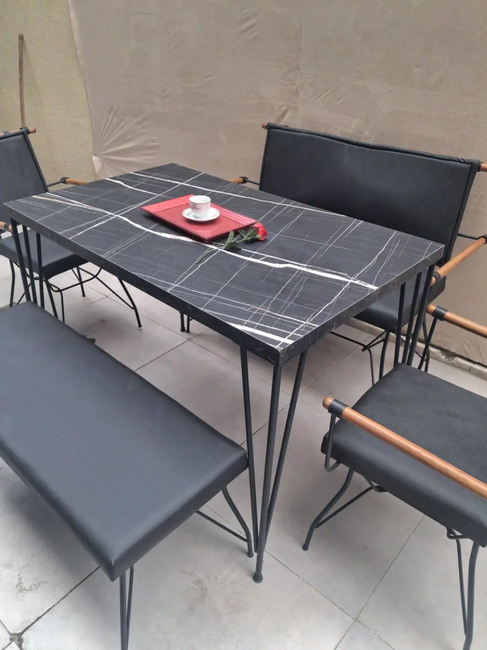 Masa Sandalye Tk 90605 PENYEZ  Takım Model Metal Siyah  Suni Deri