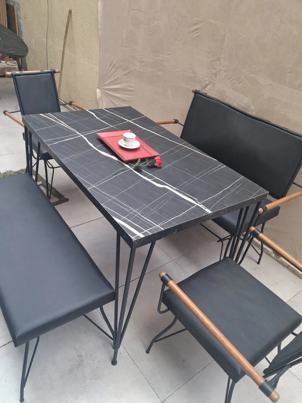 Masa Sandalye Tk 90605 PENYEZ  Takım Model Metal Siyah  Suni Deri