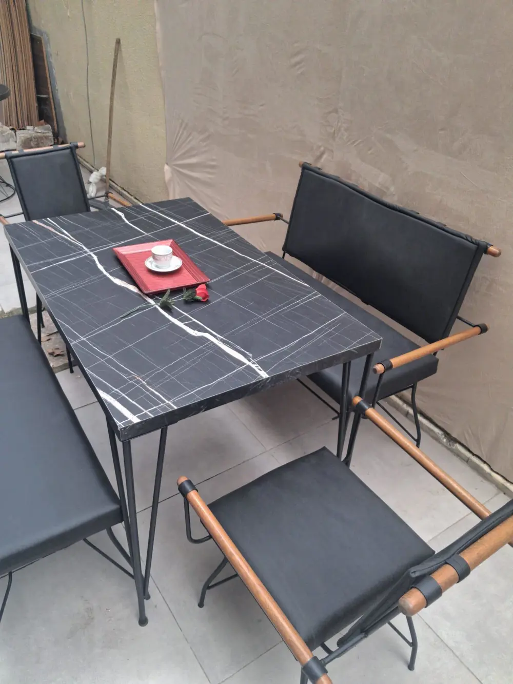 Masa Sandalye Tk 90605 PENYEZ  Takım Model Metal Siyah  Suni Deri