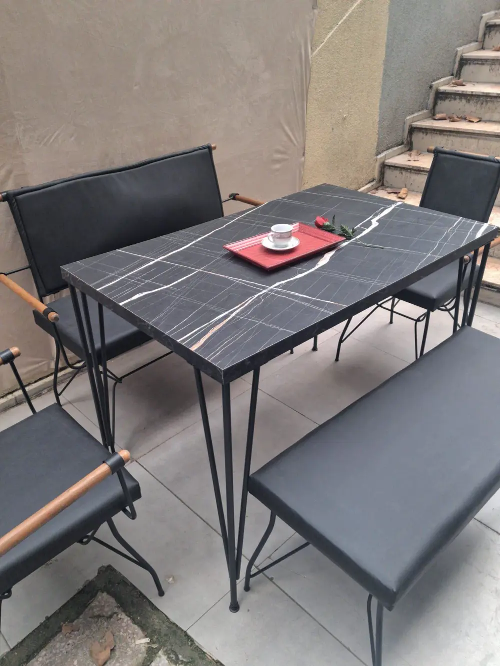 Masa Sandalye Tk 90605 PENYEZ  Takım Model Metal Siyah  Suni Deri