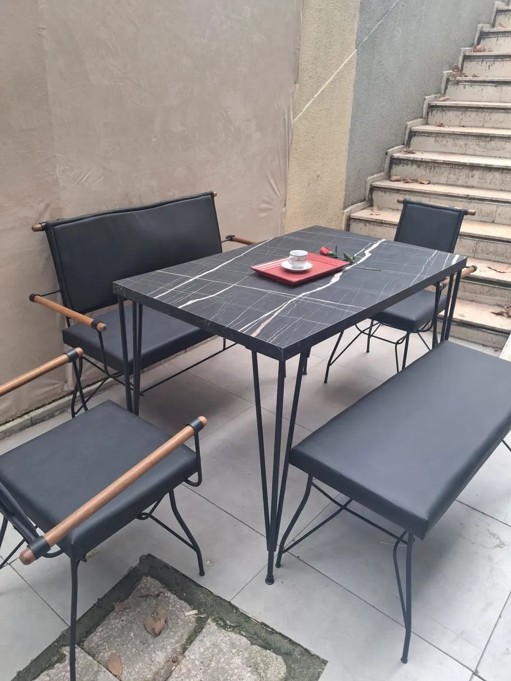 Masa Sandalye Tk 90605 PENYEZ  Takım Model Metal Siyah  Suni Deri