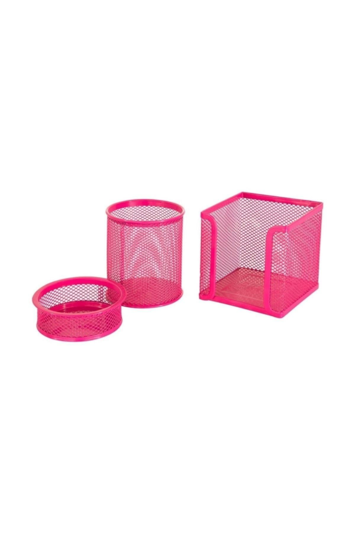 Mimaks Masa Seti Ataşlık-Kağıtlık-Kalemlik 3 Lü Metal Perforeli Pembe Ms