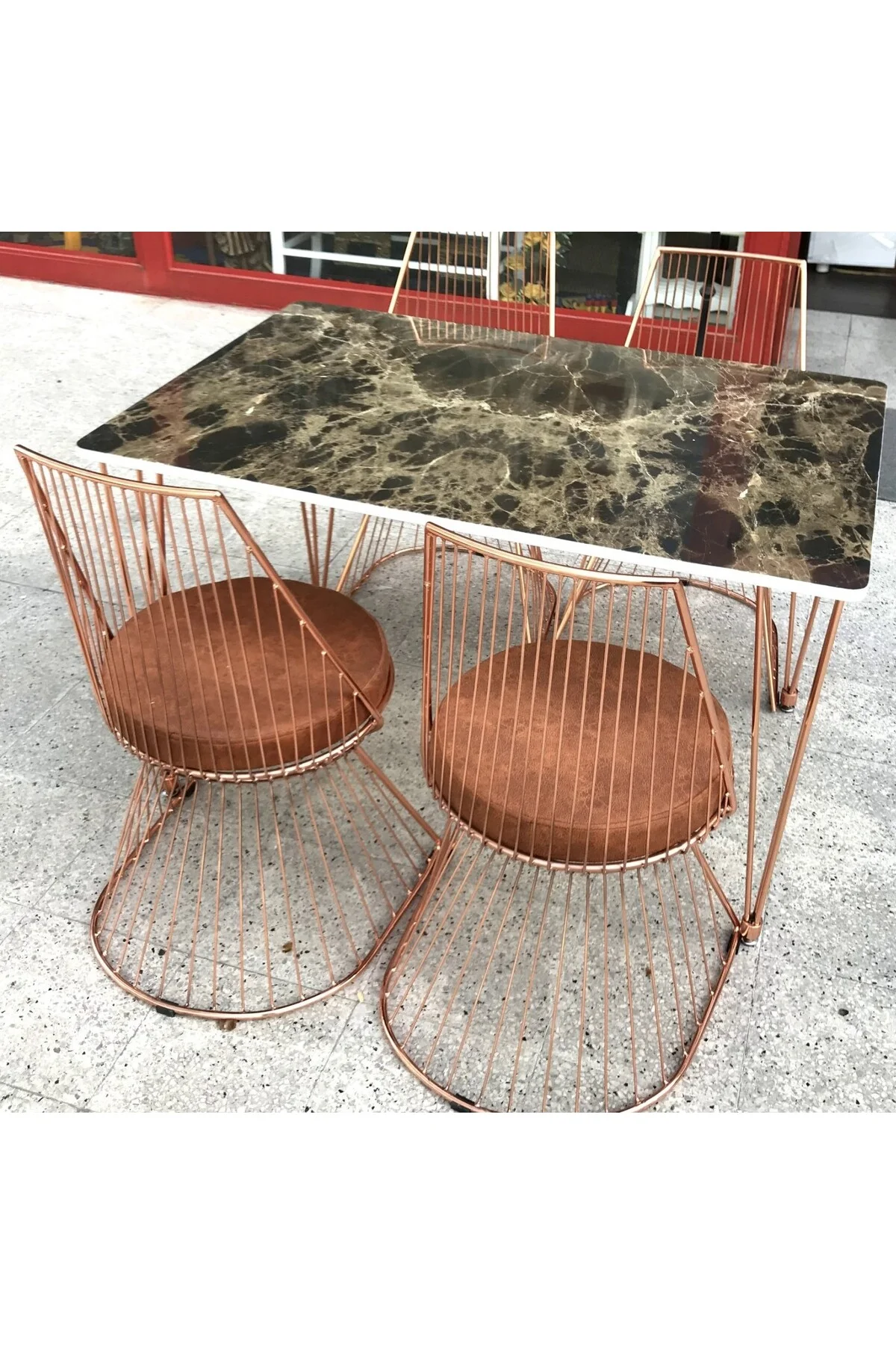 Masa TEL Sandalye 12478 Tk Metal ROSE Renk Kaplama Siyah Mermer Renk Tabla Elyapı - Görsel 3