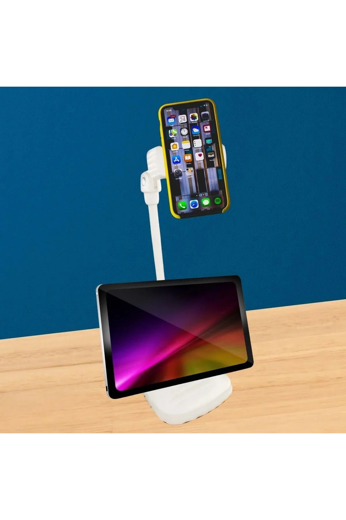 Masa Üstü Tablet ve Telefon Tutucu Plastik Aparat Beyaz Telefon Standı Masa Üstü Tablet ve Telefon Tutucu Plastik Aparat Beyaz Telefon Standı