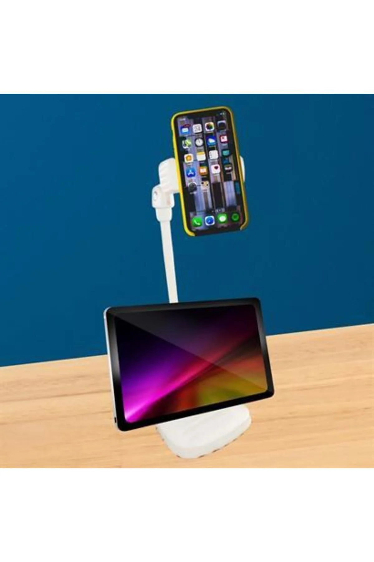Masa Üstü Tablet ve Telefon Tutucu Plastik Aparat Beyaz Telefon S
