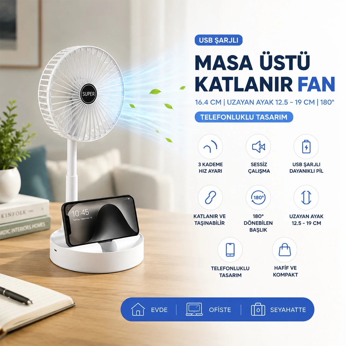 Masa Üstü Vantilatör Usb Şarjlı Katlanır FAN=16.4CM - Uzayan AYAK=12.5-19CM 180 Derece Dönebilen Telefonluklu BWFN-11 Fiyatı, Yorumları ve Özellikleri