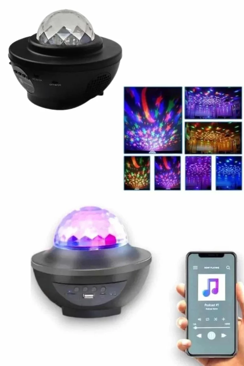 Masa ve Gece Lambası Renkli Projektör Işıklı Disko Topu Bluetooth Hoparlör - 10 Renkli Aurora & Ses Etkileşimli