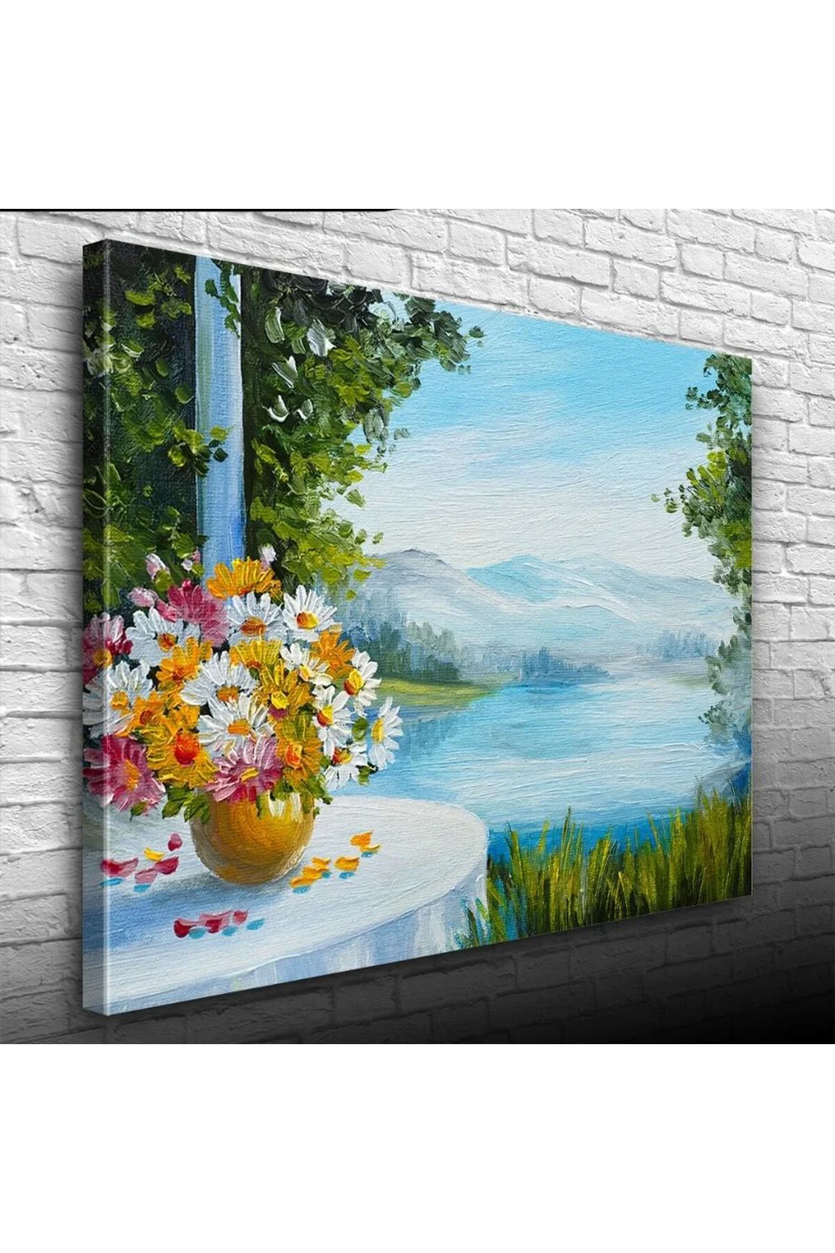 Masadaki Çiçekler ve Göl Manzarası Yağlıboya Kanvas Tablo 50 x 70
