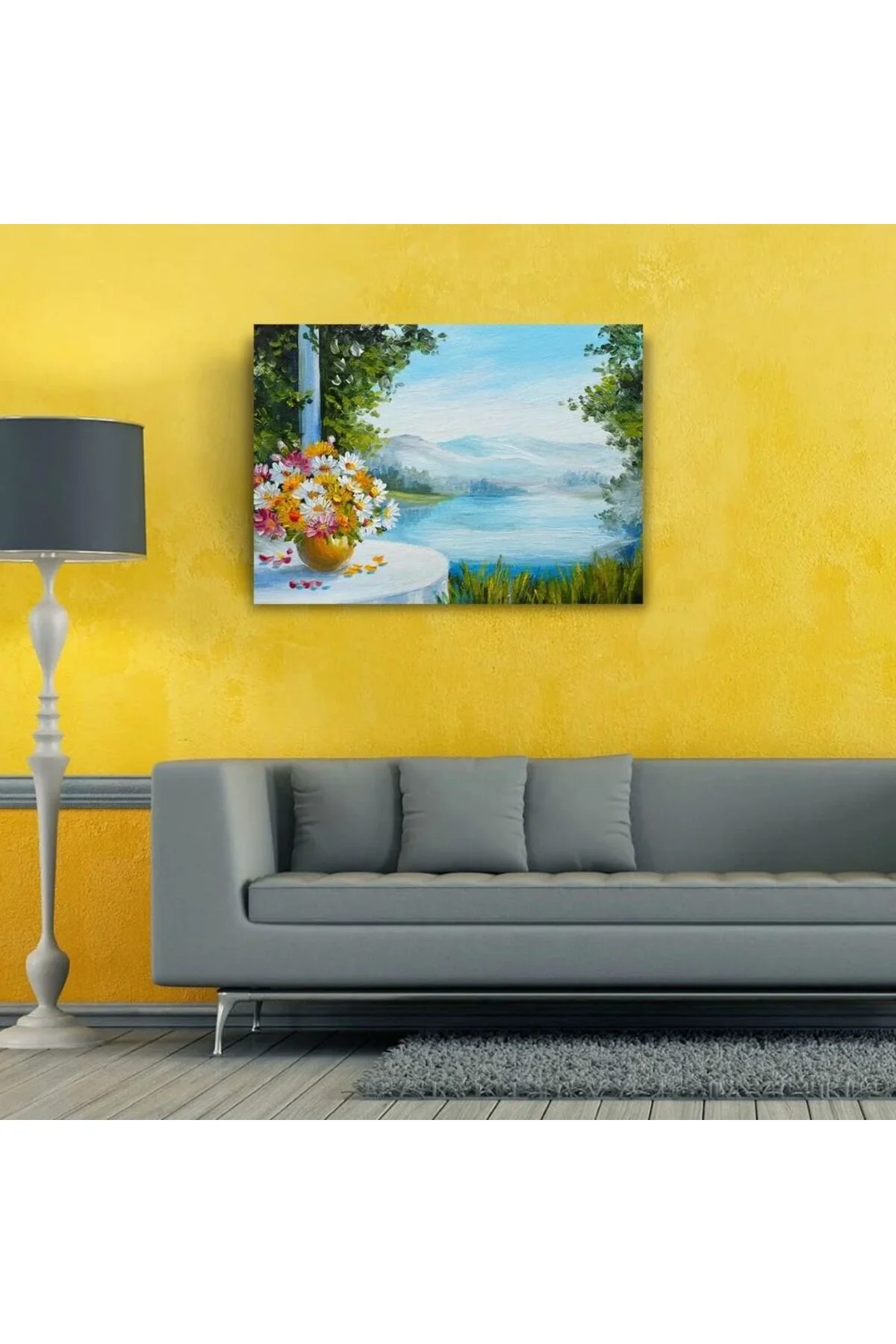 Masadaki Çiçekler ve Göl Manzarası Yağlıboya Kanvas Tablo 50 x 70
