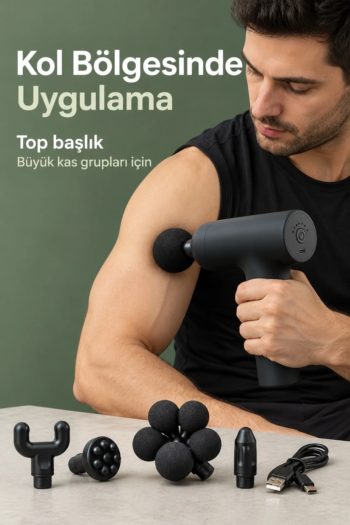 Masaj Tabancası 5 Değiştirilebilir Başlıklı Şarjlı Siyah Masaj Aleti - Görsel 3