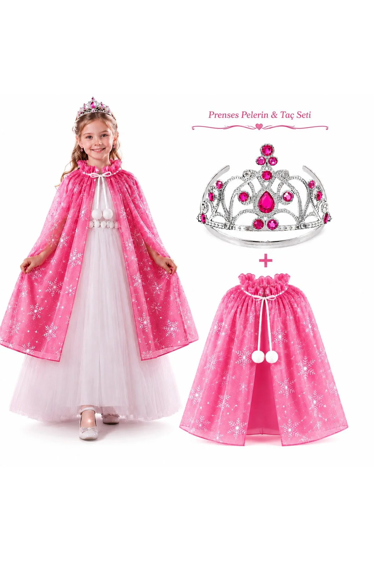 Masal Prensesi Pembe Pelerin ve Taç Seti (85 cm)