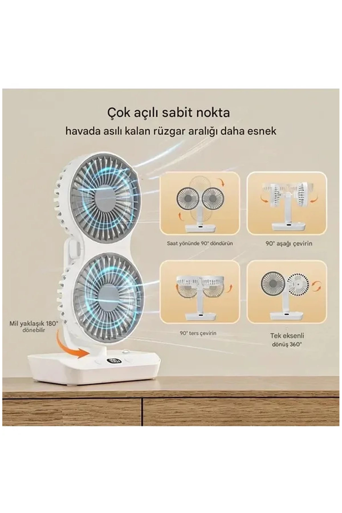 Masaüstü Dijital Ekranlı Çift Fanlı Led Işıklı Soğutucu Fan Ev Of