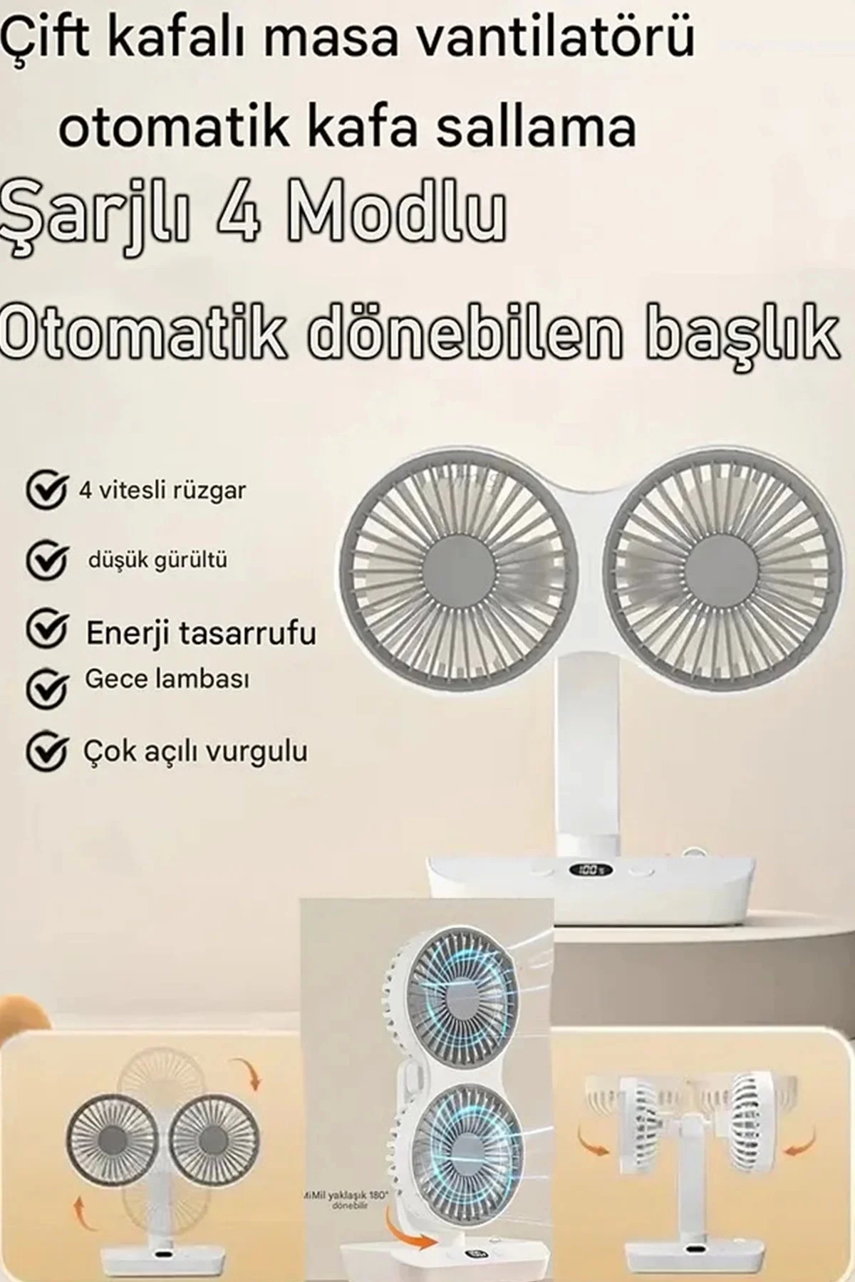 Masaüstü Dijital Ekranlı Çift Fanlı Led Işıklı Soğutucu Fan Ev Of