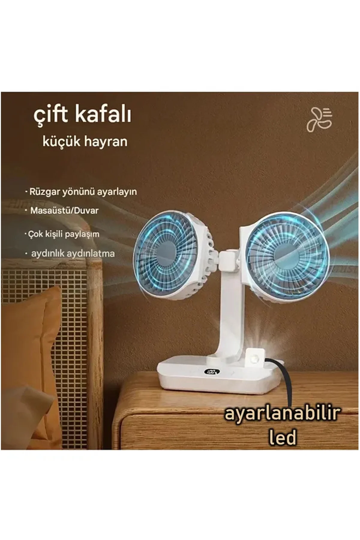 Masaüstü Dijital Ekranlı Çift Fanlı Led Işıklı Soğutucu Fan Ev Ofis Şarjlı Vantilatör Fiyatı, Yorumları ve Özellikleri