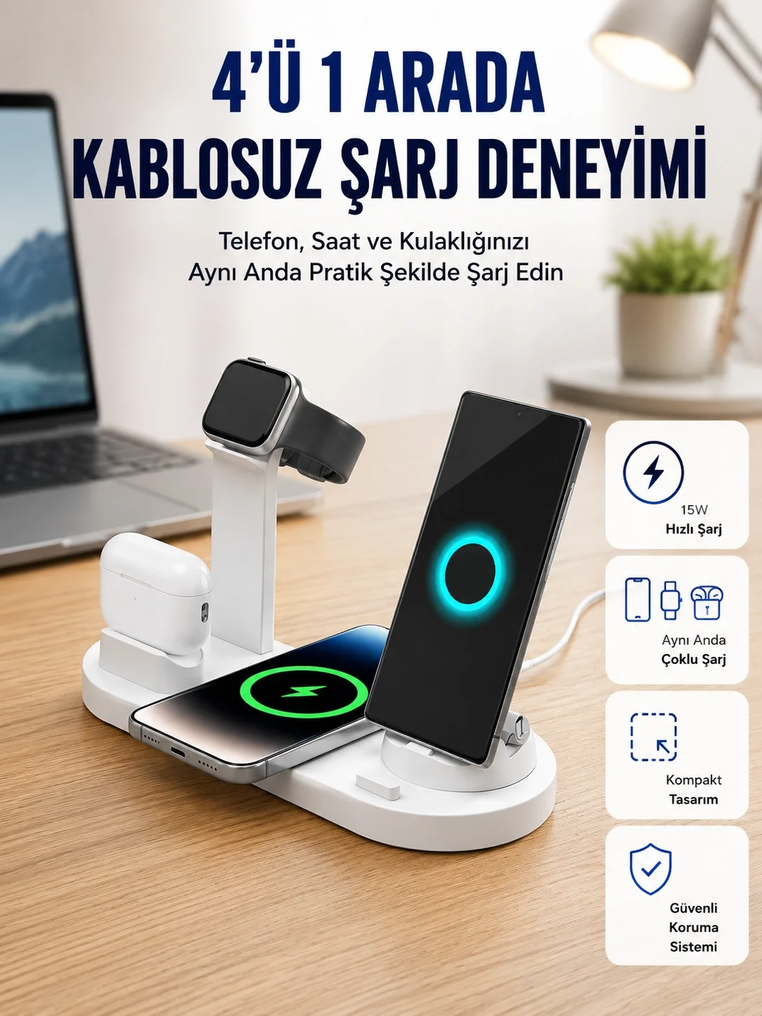 Masaüstü Düzenleyici 4’ü 1 Arada Kablosuz Şarj Aksesuarı Yeni Nesil Fiyatı, Yorumları ve Özellikleri