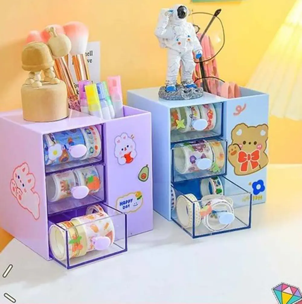 Masaüstü Kalemlik Organizer 7 Bölmeli Kawaii Kapaklı Mini Çekmece