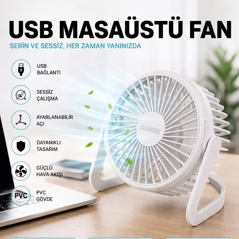 Masaüstü Mini USB Fan - PVC Gövdeli - 360° Ayarlanabilir
