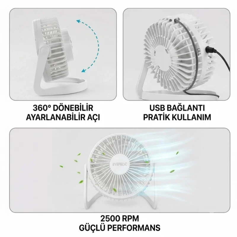 Masaüstü Mini USB Fan - PVC Gövdeli - 360° Ayarlanabilir Fiyatı, Yorumları ve Özellikleri