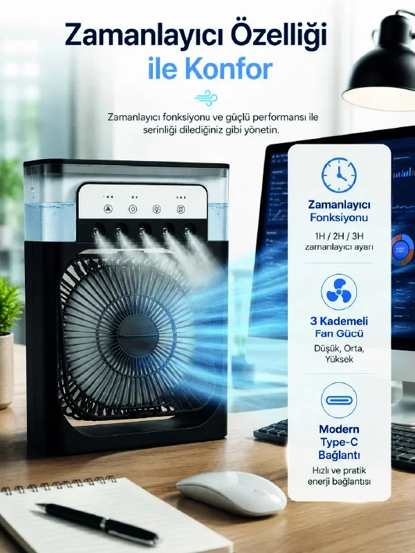 Masaüstü Püskürtmeli Fan - 3 Fan Hızı, 600ml Su Haznesi ve 7 Renkli Işık